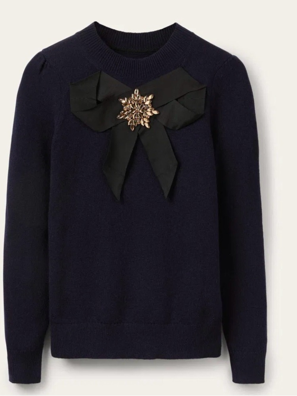 Boden Navy Crewneck Felicity Sweater with Black Bow and Gold Crystal Brooch Sz 6